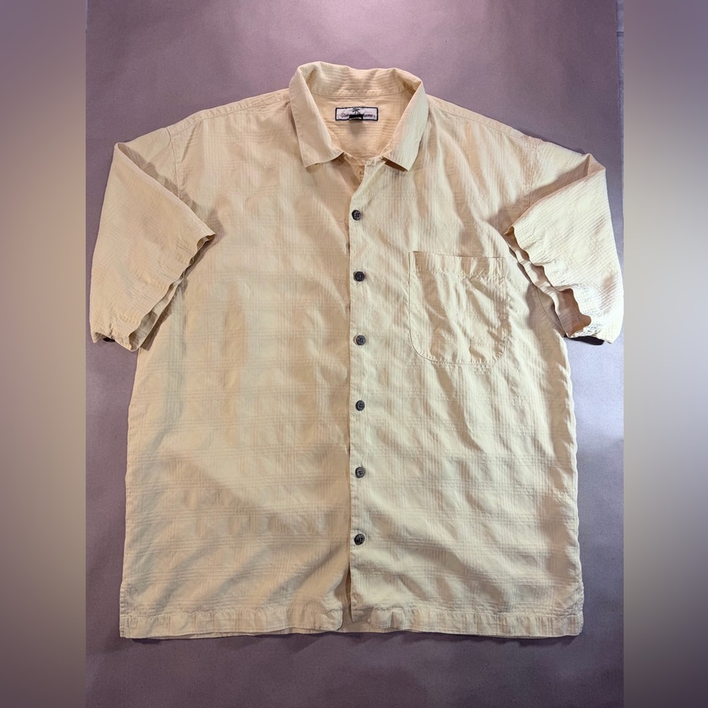 Tommy Bahama 100% Silk Short‑Sleeve Shirt Men’s L – Yellow Textured Resort Wear